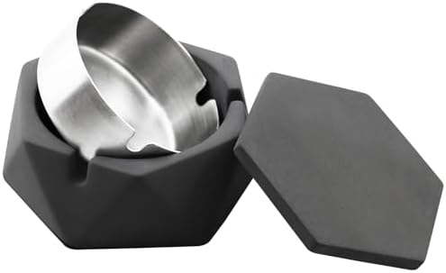 FREELOVE Concrete Ashtray with Lid and Stainless Steel Liner Dark Grey Small