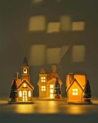 DN DECONATION 3Pcs Lighted White Christmas Ceramic Houses Village Set