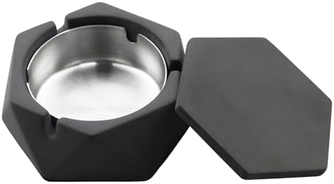 FREELOVE Concrete Ashtray with Lid and Stainless Steel Liner Dark Grey Small