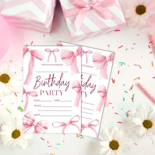 Eronm 20 Pack Pink Bow Birthday Invitations with Envelopes