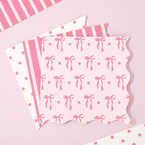 75 Pcs Pink Bow Scalloped Cocktail Napkins for Parties