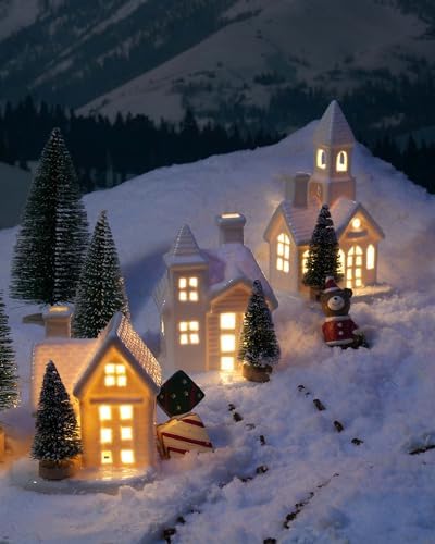 DN DECONATION 3Pcs Lighted White Christmas Ceramic Houses Village Set