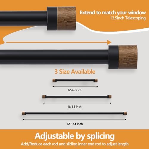 QITERI 1 Inch Adjustable Wood Curtain Rods 32-84 Inches