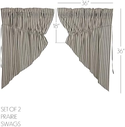 VHC Brands Ashmont Grey Ticking Stripe Farmhouse Prairie Swag Curtain Set