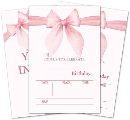 Bow Pink Birthday Invitations With Envelopes 20 Pack