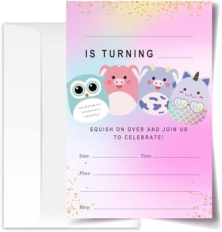 Squish Birthday Invitation Cards Set of 20 with Envelopes 4x6