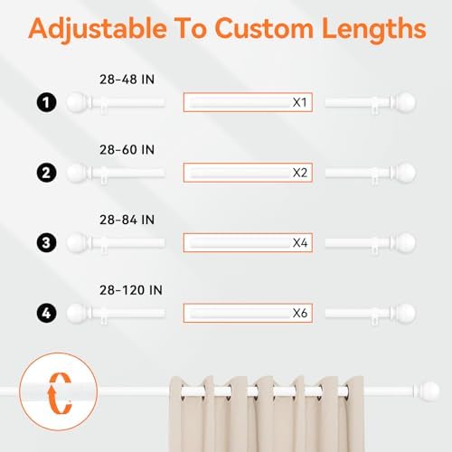 Poskena 58 Stainless Steel Adjustable White Curtain Rods 28-48 Inch