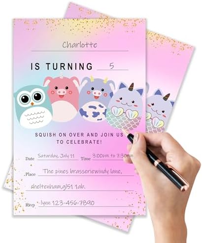 Squish Birthday Invitation Cards Set of 20 with Envelopes 4x6