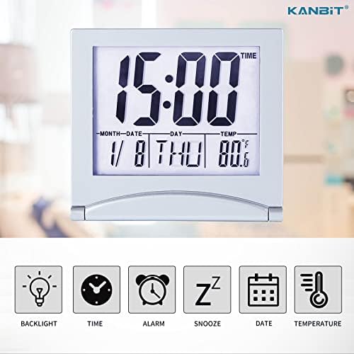 KANBIT Small Digital Travel Alarm Clock with Temperature and Night Light - Silver