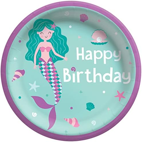 Happy Birthday Mermaid Round Plates Pack of 8 85 Green Purple