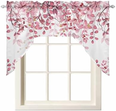 Pink Eucalyptus Swag Valance for Kitchen Window 56x36 Inch