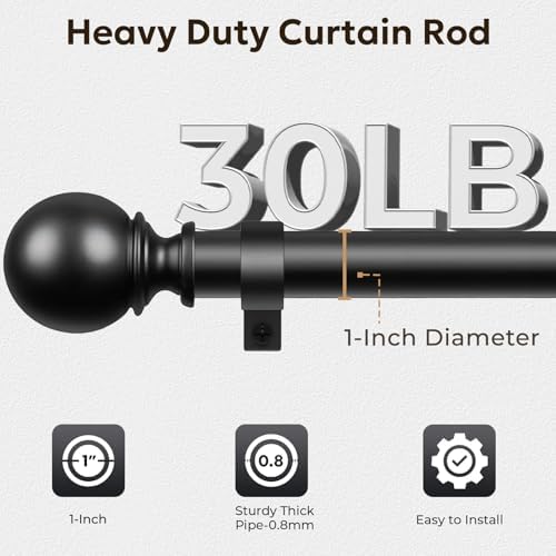 Zeerobee 1 Inch Heavy Duty Black Curtain Rods 66-120