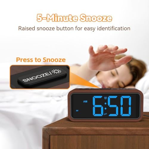 Netzu Wooden Alarm Clock with 12 Ringtones and 5 Volume Levels