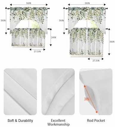 Sage Green Eucalyptus Leaf Curtain Set with Swag Valance and Tiers
