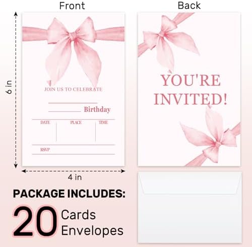 Bow Pink Birthday Invitations With Envelopes 20 Pack