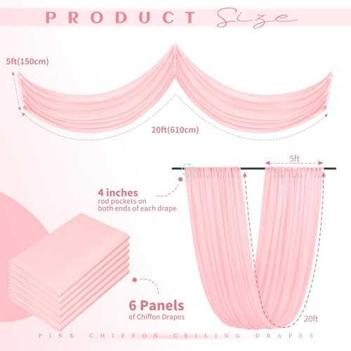 6 Panels Pink Ceiling Drapes for Wedding Decor