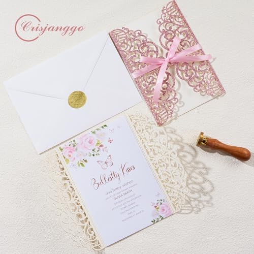 25pcs Pink Glitter Laser Cut Wedding Invitation Kit with Envelopes and RSVP Cards