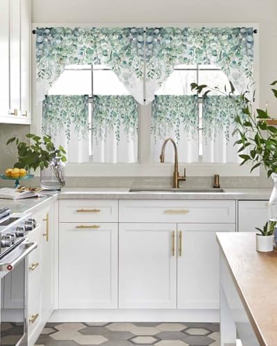 Sage Green Eucalyptus Leaf Curtain Set with Valance and Tiers