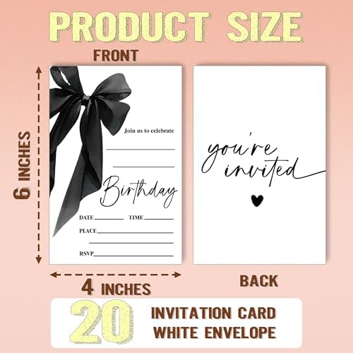 Black Bow Birthday Invite Cards 20pcs with Envelopes 4x6