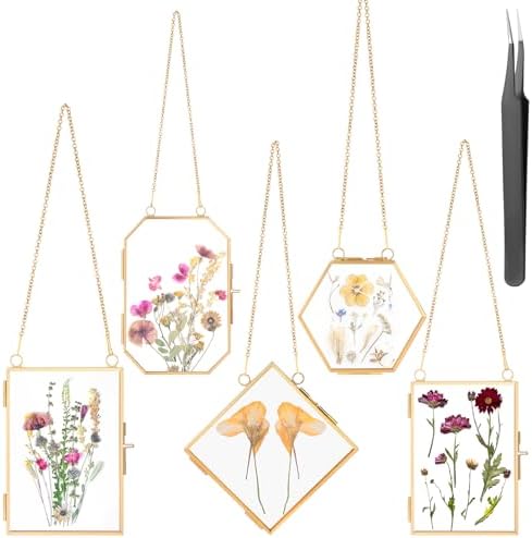 5 Pcs Double Glass Frame for Pressed Flowers with Gold Chain