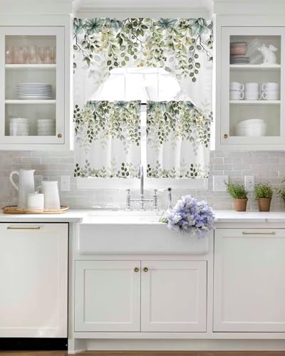 Sage Green Eucalyptus Leaf Curtain Set with Swag Valance and Tiers