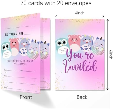 Squish Birthday Invitation Cards Set of 20 with Envelopes 4x6