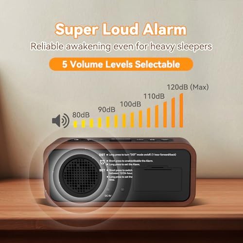 Netzu Wooden Alarm Clock with 12 Ringtones and 5 Volume Levels