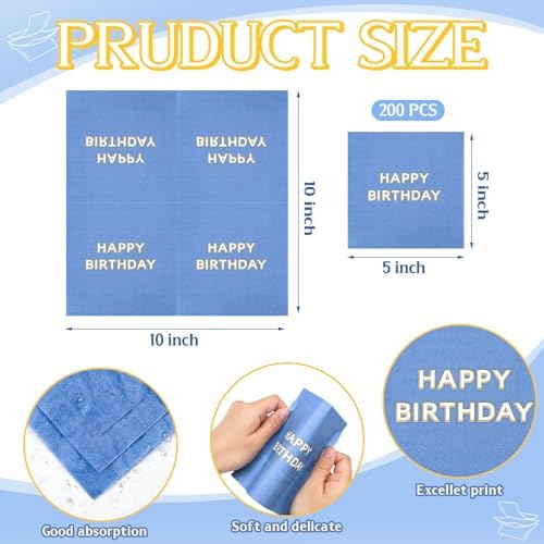 Maitys 200 Pcs Blue Birthday Napkins 5 Folded Party Supplies