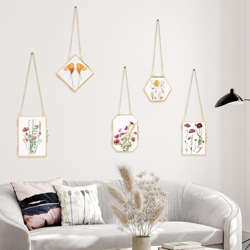 5 Pcs Double Glass Frame for Pressed Flowers with Gold Chain