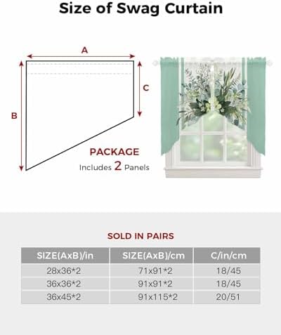 Sage Green Eucalyptus Swag Curtains 2 Panels Set 36 Inch Length