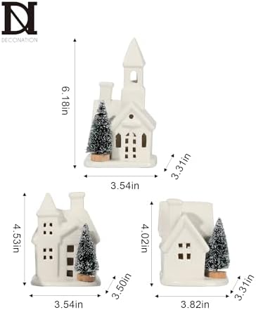 DN DECONATION 3Pcs Lighted White Christmas Ceramic Houses Village Set