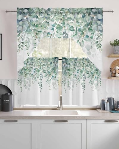 Sage Green Eucalyptus Leaf Curtain Set with Valance and Tiers