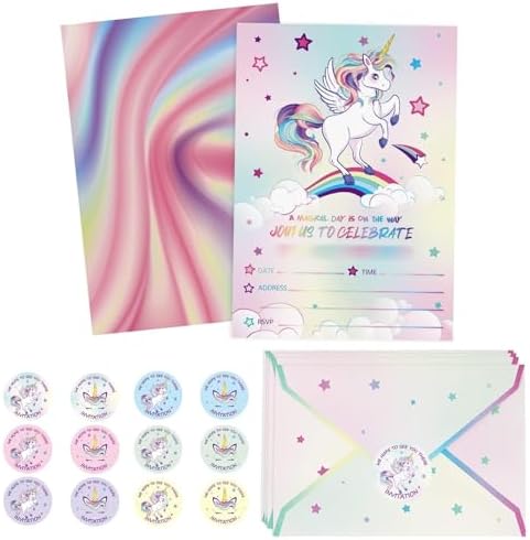 WERNNSAI 24PCS Unicorn Birthday Invites with Envelopes