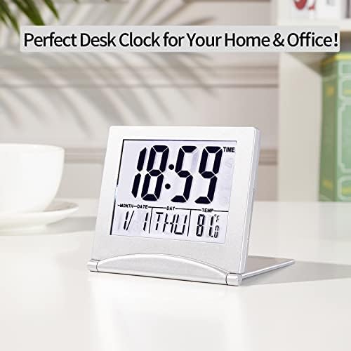 KANBIT Small Digital Travel Alarm Clock with Temperature and Night Light - Silver