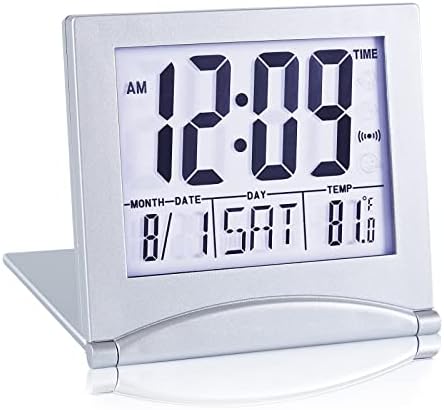 KANBIT Small Digital Travel Alarm Clock with Temperature and Night Light - Silver