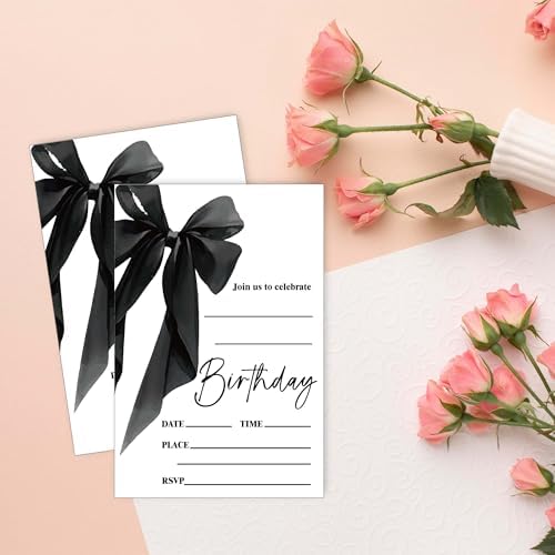 Black Bow Birthday Invite Cards 20pcs with Envelopes 4x6