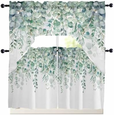 Sage Green Eucalyptus Leaf Curtain Set with Valance and Tiers