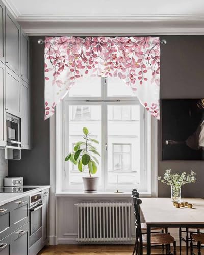 Pink Eucalyptus Swag Valance for Kitchen Window 56x36 Inch