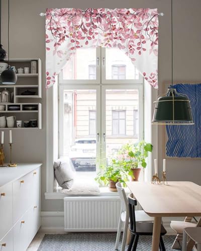 Pink Eucalyptus Swag Valance for Kitchen Window 56x36 Inch