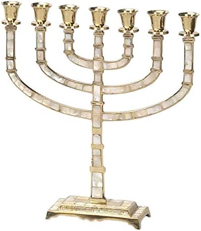 Seven Branch Brass Menorah with Mother of Pearl Inlay