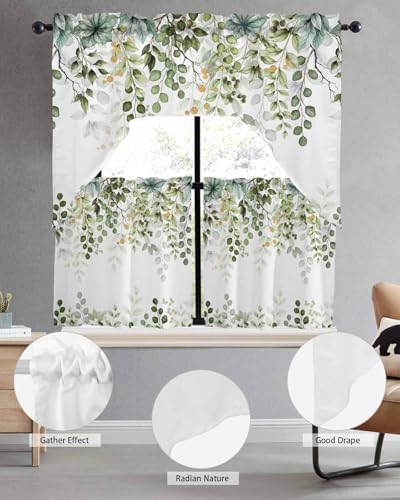 Sage Green Eucalyptus Leaf Curtain Set with Swag Valance and Tiers