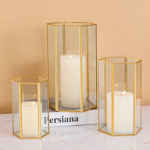 Glass Hurricane Candle Holder Set of 3 with Gold Frame