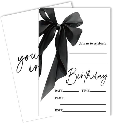 Black Bow Birthday Invite Cards 20pcs with Envelopes 4x6