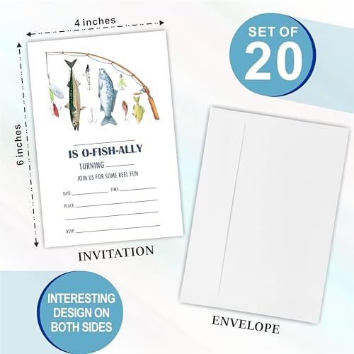 20 Fishing Birthday Invitations with Adhesive Envelopes