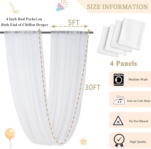 MODFUNS White Wedding Arch Drapes 4 Panels 5x30ft Sheer Curtains