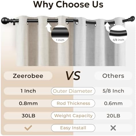 Zeerobee 1 Inch Heavy Duty Black Curtain Rods 66-120