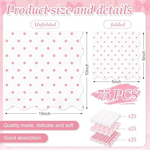 75 Pcs Pink Bow Scalloped Cocktail Napkins for Parties