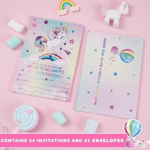 WERNNSAI 24PCS Unicorn Birthday Invites with Envelopes