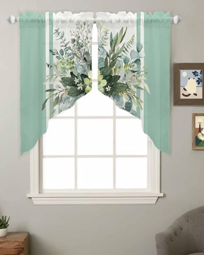 Sage Green Eucalyptus Swag Curtains 2 Panels Set 36 Inch Length