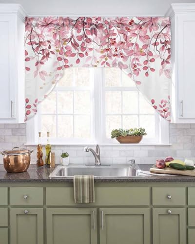 Pink Eucalyptus Swag Valance for Kitchen Window 56x36 Inch